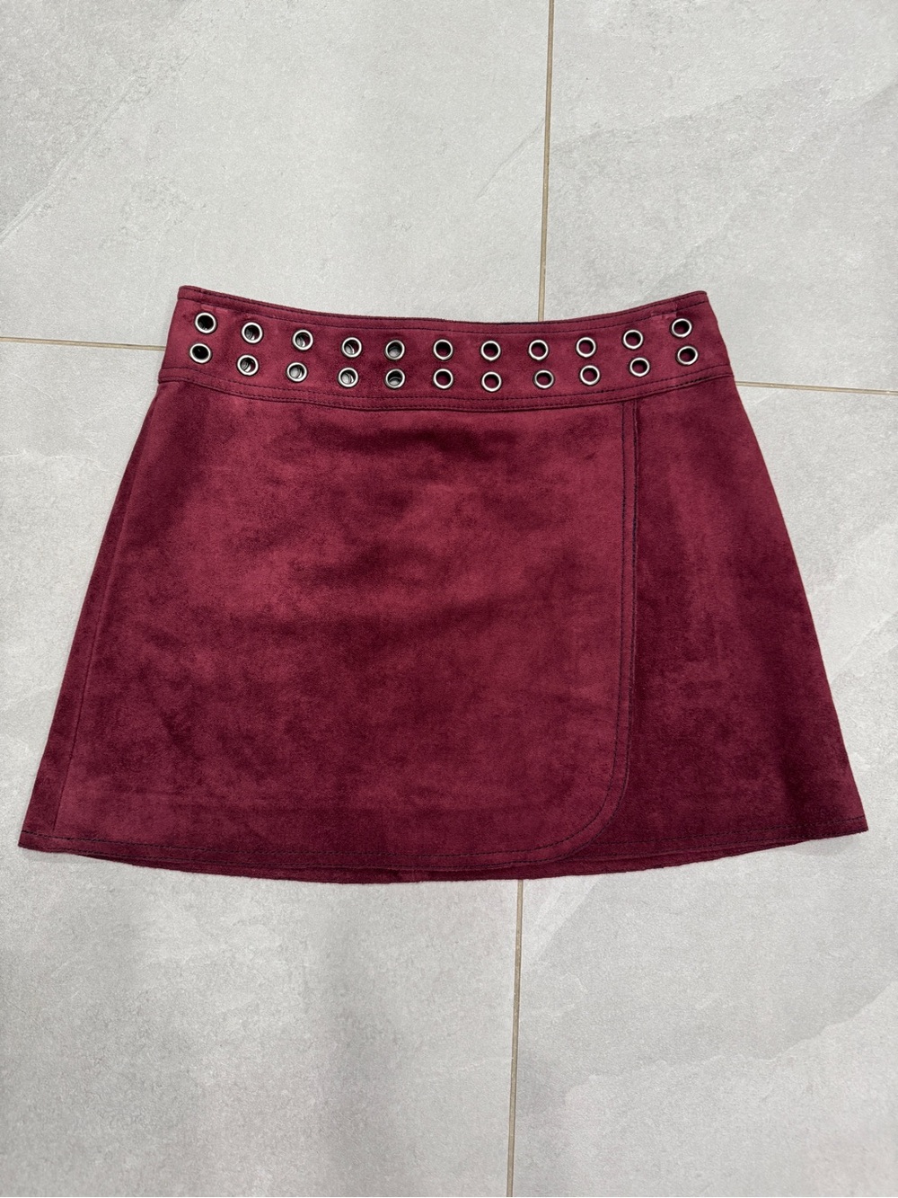 BCBGMaxAzria Burgundy Suede Eyelet Mini Skirt